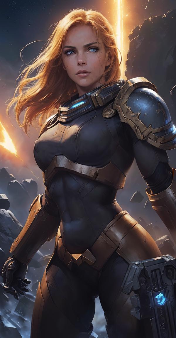 A woman in a futuristic suit standing in front of a planet - SeaArt AI