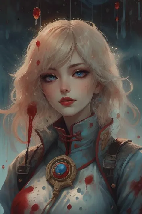 (photorealistic masterpiece, best quality, avante garde photoshoot:1.1), 1girl:(ronin), hyper detail, dramatic lighting, blood mist, flowing, with a splash of blood, paint splash:blood, spiritual, (from below POV:1.2), splatter, bloody, swirling, sparkles, incredible photography, three-quarters body photo, professional photography by (greg rutkowski),
BREAK,
ronin girl:(alluring, erotic, perfect breasts, devious tease, slim, lissome), outfit:(ronin, feudal japan, bloody), white hair, bloody hair,
BREAK,
expression:(playful, smirk), face:(blue eyes, blush, tsurime eyeliner, heavy makeup, finely detailed beautiful eyes), unfathomable patterns,
BREAK,
Dreamwave, blood and beige splatter, themes:(mystical, unholy, eldritch, satanic), grainy disintegration effect, red lipstick, (bokeh:1.1), (dramatic abstract background:1.2), detailed background, high contrast, best illumination, rim lighting, <lora:Dreamwave v2L:0.9>, <lora:Simplenegative_v1_AutoRunMech:1.5>,