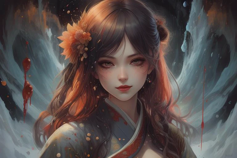 (photorealistic masterpiece, best quality, avante garde photoshoot:1.1), 1girl:(ronin), hyper detail, dramatic lighting, blood mist, flowing, with a splash of blood, paint splash:blood, spiritual, (from below POV:1.2), splatter, bloody, swirling, sparkles, incredible photography, three-quarters body photo, professional photography by (greg rutkowski),
BREAK,
ronin girl:(alluring, erotic, perfect breasts, devious tease, slim, lissome), outfit:(ronin, feudal japan, bloody), white hair, bloody hair,
BREAK,
expression:(playful, smirk), face:(blue eyes, blush, tsurime eyeliner, heavy makeup, finely detailed beautiful eyes), unfathomable patterns,
BREAK,
Dreamwave, blood and orange splatter, themes:(mystical, unholy, eldritch, satanic), grainy disintegration effect, red lipstick, (bokeh:1.1), (dramatic abstract background:1.2), detailed background, high contrast, best illumination, rim lighting, <lora:Dreamwave v2L:0.9>, <lora:Simplenegative_v1_AutoRunMech:1.5>,