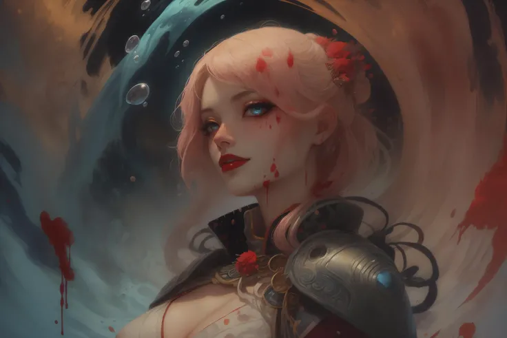 (photorealistic masterpiece, best quality, avante garde photoshoot:1.1), 1girl:(ronin), hyper detail, dramatic lighting, blood mist, flowing, with a splash of blood, paint splash:blood, spiritual, (from below POV:1.2), splatter, bloody, swirling, sparkles, incredible photography, three-quarters body photo, professional photography by (greg rutkowski),
BREAK,
ronin girl:(alluring, erotic, perfect breasts, devious tease, slim, lissome), outfit:(ronin, feudal japan, bloody), white hair, bloody hair,
BREAK,
expression:(playful, smirk), face:(blue eyes, blush, tsurime eyeliner, heavy makeup, finely detailed beautiful eyes), unfathomable patterns,
BREAK,
Dreamwave, blood and pink splatter, themes:(mystical, unholy, eldritch, satanic), grainy disintegration effect, red lipstick, (bokeh:1.1), (dramatic abstract background:1.2), detailed background, high contrast, best illumination, rim lighting, <lora:Dreamwave v2L:0.9>, <lora:Simplenegative_v1_AutoRunMech:1.5>,