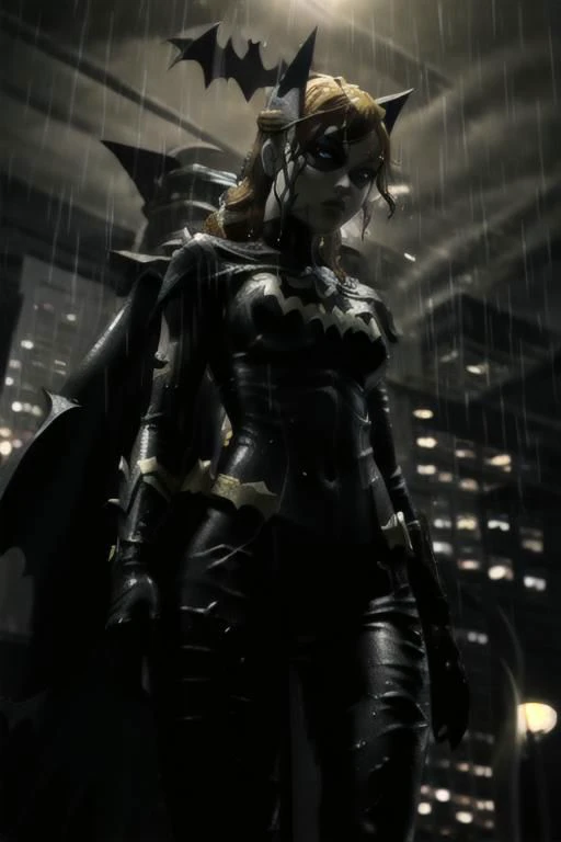 ((from below)), a woman, masterpiece, best quality, 1girl,batgirl of burnside, atmospheric scene, (detailed beautiful face, detail skin texture, ultra-detailed body:1.1),, ((extreme skin detail)), hdr, ((ultrarealistic)), (((petite))), (((soaking wet orange hair))), (((heavy rain))), roof top, medium breasts, iridescent (((super skin tight purple bodysuit))), (((yellow batman logo))), batman mask covers head, purple cowl cover top of face, dark eye make up, cape, yellow utility belt, clothed nipples, camel toe, black lit