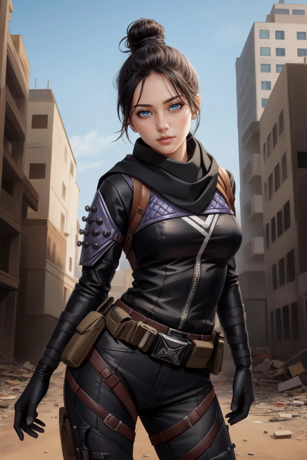 (masterpiece, best quality), intricate details,
1girl, <lora:wraith_(apex_legends):0.8> wraith (apex legends), single hair bun, hair bun, bodysuit, scarf, black bodysuit, holding, breasts, black hair, black scarf, large breasts, blue eyes, belt, brown belt, bangs, parted bangs, hair behind ear, gloves, nose piercing, black gloves, thigh strap,
ruined skyscraper, debris, post-apocalypse, arms behind back, leaning forward,