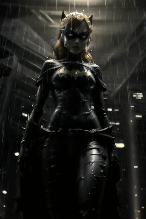 ((from below)), a woman, masterpiece, best quality, 1girl,batgirl of burnside, atmospheric scene, (detailed beautiful face, detail skin texture, ultra-detailed body:1.1),, ((extreme skin detail)), hdr, ((ultrarealistic)), (((petite))), (((soaking wet orange hair))), (((heavy rain))), roof top, medium breasts, iridescent (((super skin tight purple bodysuit))), (((yellow batman logo))), batman mask covers head, purple cowl cover top of face, dark eye make up, cape, yellow utility belt, clothed nipples, camel toe, black lit