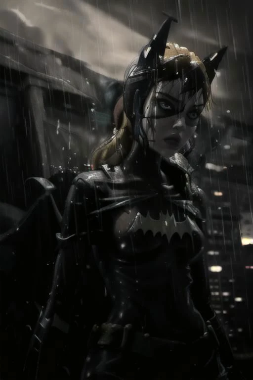 a woman, masterpiece, best quality, 1girl,batgirl of burnside, atmospheric scene, (detailed beautiful face, detail skin texture, ultra-detailed body:1.1),, ((extreme skin detail)), hdr, ((ultrarealistic)), (((petite))), (((soaking wet orange hair))), (((heavy rain))), roof top, medium breasts, iridescent (((super skin tight purple bodysuit))), (((ripped clothes))), (((yellow batman logo))), batman mask covers head, purple cowl cover top of face, dark eye make up, cape, yellow utility belt, clothed nipples, ((camel toe)), black lit