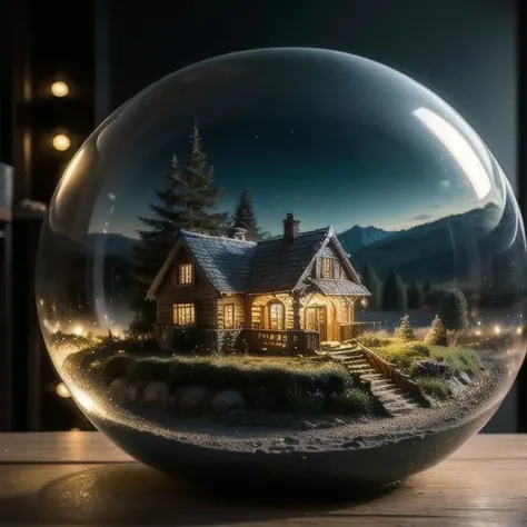 mini house, landscape, old fashion, nature, night light, a bubble, in the bubble, high detailed, masterpiece, best quality, <lora:Bubble_Sora:0.4>, (masterpiece,best quality:1.5)