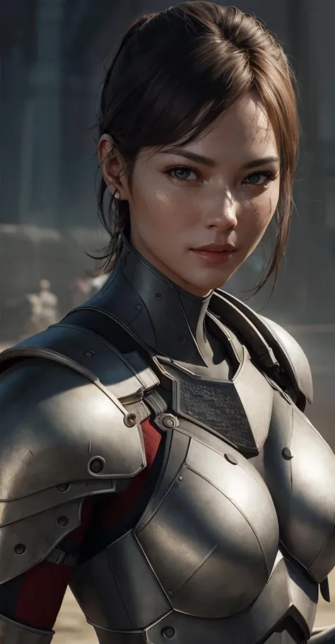 best quality, masterpiece, 
(photorealistic:1.25),
adult female, 
armored warrior, 
(upper body:0.6),
sharp details, (high detail skin),
realistic skin texture