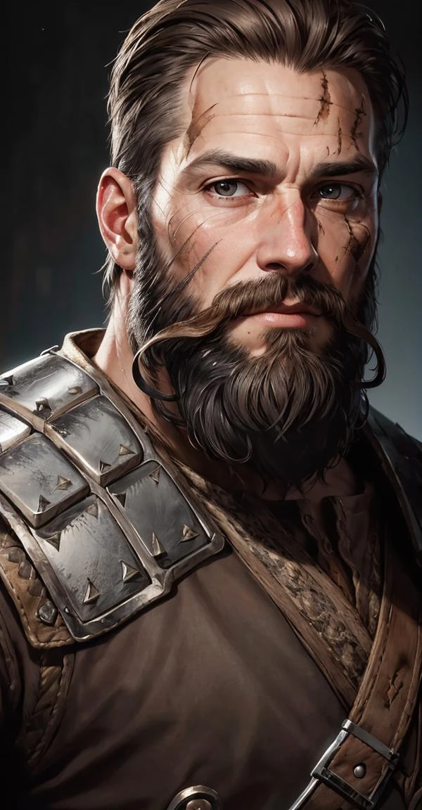 best quality, masterpiece,
(photorealistic:1.25),
portrait photo of adult male, (highly detailed face),
(full beard), cut scar down forehead,
armored,
sharp details, (high detail skin),
skin pores,
hdr, professional studio photography