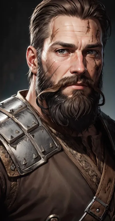 best quality, masterpiece,
(photorealistic:1.25),
portrait photo of adult male, (highly detailed face),
(full beard), cut scar down forehead,
armored,
sharp details, (high detail skin),
skin pores,
hdr, professional studio photography