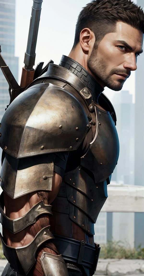 best quality, masterpiece,
(realistic),
adult male, armored warrior,
(upper body:0.6),
sharp details, (high detail skin),
realistic skin texture