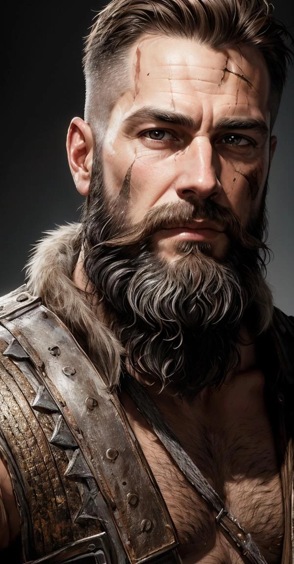 best quality, masterpiece,
(photorealistic:1.25),
portrait photo of adult male, (highly detailed face),
(full beard), cut scar down forehead,
armored,
sharp details, (high detail skin),
skin pores,
hdr, professional studio photography