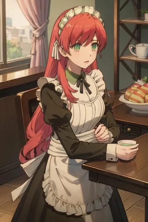 best quality, masterpiece, highres, solo, {maid:1.40}, {long maid dress:1.15}, {nygglatho_sukasuka:1.15}, long_hair, red_hair, maid_headdress, apron, pink_hair, green_eyes
