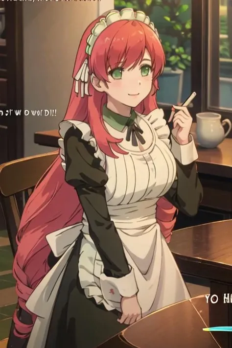 masterpiece, best quality, syrene, green eyes, headband, fates maid, kitchen, upper body, cooking, smile 