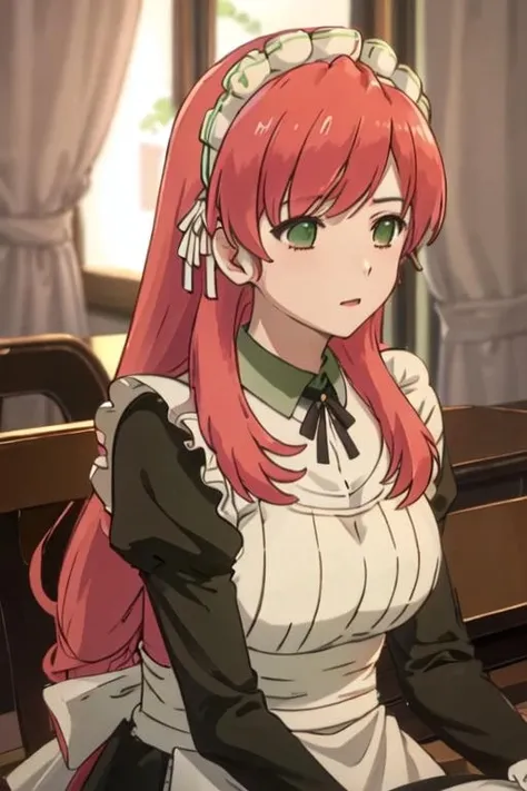 best quality, masterpiece, highres, solo, {nygglatho_sukasuka:1.15}, long_hair, red_hair, maid_headdress, maid, apron, pink_hair, green_eyes