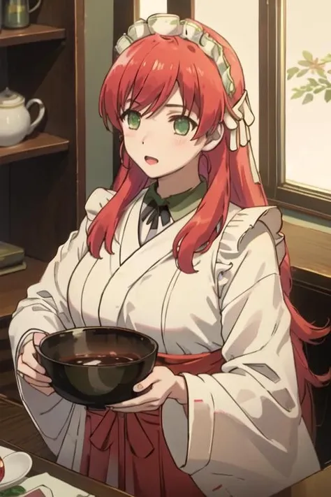 best quality, masterpiece, highres, solo, {white kimono:1.35}, {red hakama:1.35}, {wide sleeves:1.20}, {nygglatho_sukasuka:1.15}, long_hair, red_hair, maid_headdress, maid, apron, pink_hair, green_eyes