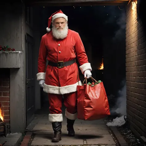 ziprealism, full body standing, joel kinnaman as santa claus descending from the chimney with carrying huge red bag<lora:Joel_Kinnaman-000011:0.7>