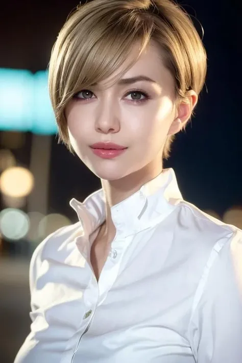 1girl,(wearing a white blouse:1.2),(wearing a jacket),(RAW photo, best quality), (realistic, photo-realistic:1.4), masterpiece, an extremely delicate and beautiful, extremely detailed, 2k wallpaper, Amazing, finely detail, extremely detailed CG unity 8k wallpaper, ultra-detailed, highres, soft light, beautiful detailed girl, extremely detailed eyes and face, beautiful detailed nose, beautiful detailed eyes,cinematic lighting,city lights at night,perfect anatomy,slender body,smiling,(short hair:1.3) <lora:tamuramutsumi_lora:0.8>