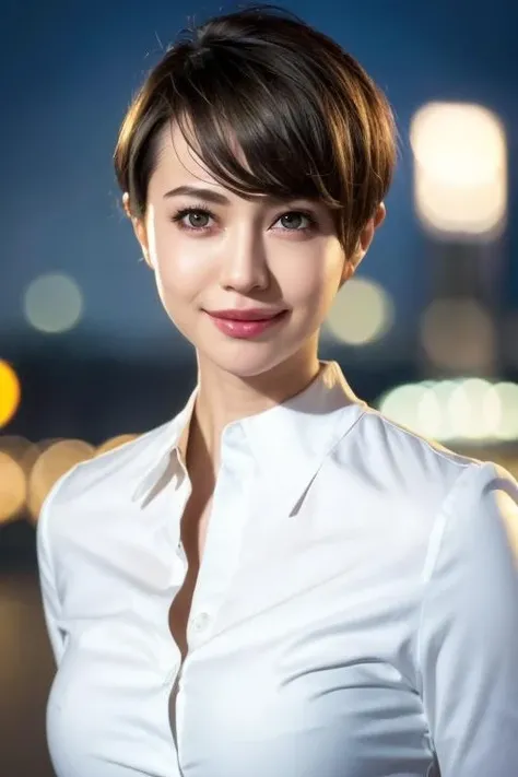 1girl,(wearing a white blouse:1.2),(wearing a jacket),(RAW photo, best quality), (realistic, photo-realistic:1.4), masterpiece, an extremely delicate and beautiful, extremely detailed, 2k wallpaper, Amazing, finely detail, extremely detailed CG unity 8k wallpaper, ultra-detailed, highres, soft light, beautiful detailed girl, extremely detailed eyes and face, beautiful detailed nose, beautiful detailed eyes,cinematic lighting,city lights at night,perfect anatomy,slender body,smiling,(short hair:1.3)  <lora:tamuramutsumi_lora:0.8>