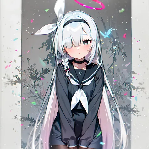 1girl, pantyhose, black hairband, black eyes, bow, choker, ribbon, shirt, thighs, black serafuku, colored inner hair, braid, halo, long hair, looking at viewer,  single braid, white neckerchief, white hair, purana, plana \(blue archive\), standing, cowboy shot, white_background,  <lora:puranaBlueArchive_v30:0.8>,