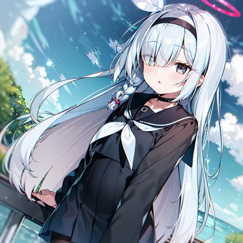 (masterpiece, high quality:1.1), 1girl, pantyhose, black hairband, black eyes, bow, choker, ribbon, shirt, thighs, black serafuku, colored inner hair, braid, halo, long hair, looking at viewer,  single braid, white neckerchief, white hair, purana, plana \(blue archive\), standing, parted lips, solo,  cowboy shot, upper body, (side view), <lora:puranaBlueArchive_v30:0.8>