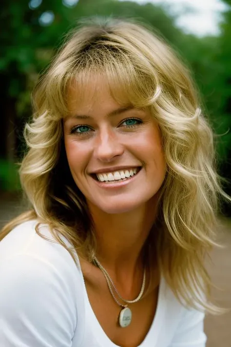 Loni Anderson, smiling a big, toothy smile, facial portrait, in the forest next to a waterfall, professional quality digital photograph, 32k UHD, hyper realistic, photorealistic, realistic, extremely colorful, highly detailed, sharp, vibrant, masterpiece, best quality, intricate details, gorgeous, cinematic, vibrant, focused, clear,