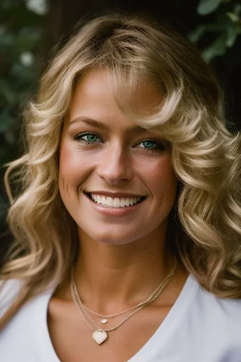 Realistic photo of a beautiful f4rr4hf-v2 woman, 1girl, solo, long hair, smile, blue eyes, (((blonde hair))), shirt, jewelry, white shirt, upper body, teeth, necklace, grin, looking to the side, realistic, soft lighting, professional Photography, Photorealistic, detailed, RAW, analog, sharp focus, 8k, HD, DSLR, high quality, Fujifilm XT3, film grain, award winning, masterpiece<lora:f4rr4hf-v2:1.0>