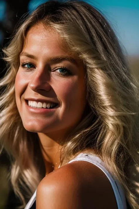 Realistic photo of a beautiful f4rr4hf-v2 woman, 1girl, solo, long hair, looking at viewer, (((blonde hair))), smile, upper body, black eyes, from side, lips, realistic, nose, soft lighting, professional Photography, Photorealistic, detailed, RAW, analog, sharp focus, 8k, HD, DSLR, high quality, Fujifilm XT3, film grain, award winning, masterpiece<lora:f4rr4hf-v2:1.0>