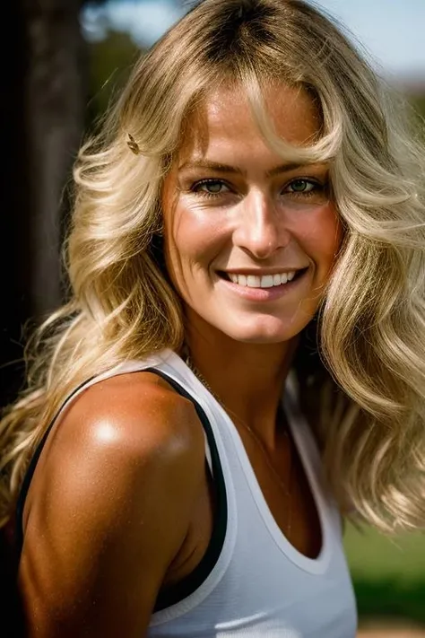 Realistic portrayal:1.2, photorealistic, 8k, Sam from Totally Spies! long, very wavy creamy blonde hair (big hair, big volume), emerald green eyes and fair skin; smiling,wearing rainbow denim outfits, wide-angle shot, high-angle shot