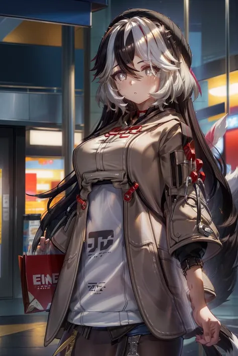 (close up), upper body, of a mature woman, pretty face, hi3 coralie, huge breasts, (jacket, sneakers, miniskirt:1.1), (two tone hair, streaked hair, white hair, black hair, long hair, tail, grey eyes, bright pupils:1.3) , inside, busy shopping mall, cinematic lighting, chiaroscuro, hires, volumetric lighting, highly detailed background, masterpiece, <lora:add_detail:0.5> <lora:hairdetailer:0.6>   <lora:CoralieV2:1>