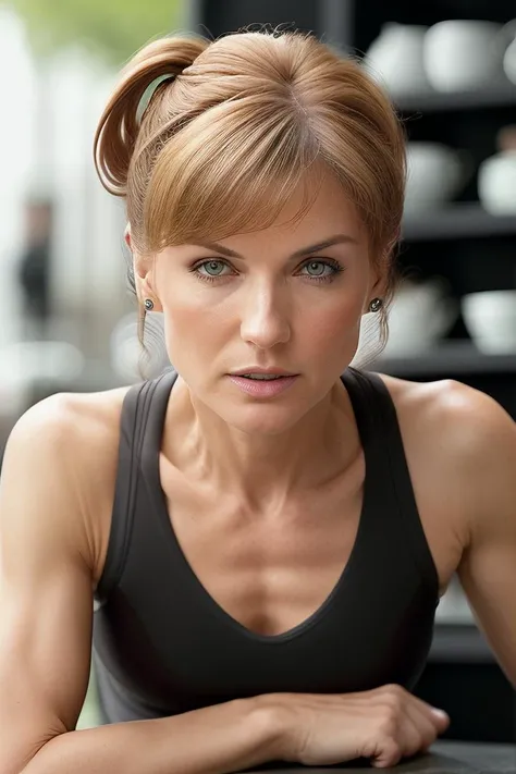 beautiful woman (F10n4Bruc3:.99), (( High ponytail with caramel highlights hairstyle :1.3)) , ((portrait)), (closeup:1.2), ((from the waist up)), ((( cafe :1.2 ))), natural skin texture, (( High-waisted trouser shorts and a fitted tee :1.2)), 24mm, 4k textures, soft cinematic light, adobe lightroom, photolab, hdr, intricate, elegant, highly detailed, sharp focus, ((((cinematic look)))), soothing tones, insane details, intricate details, hyperdetailed, low contrast, soft cinematic light, exposure blend, hdr, faded, now, ("I've got a bad feeling about this.":1.1)