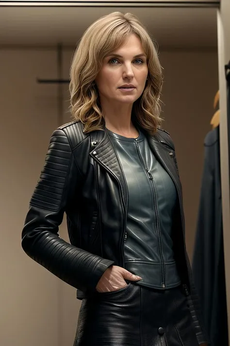 beautiful woman (F10n4Bruc3:.99), (( Medium length white and gray waves hairstyle :1.3)) , ((portrait)), (closeup:1.2), ((from the waist up)), ((( fitting room :1.2 ))), natural skin texture, (( Leather jacket and skirt :1.2)), 24mm, 4k textures, soft cinematic light, adobe lightroom, photolab, hdr, intricate, elegant, highly detailed, sharp focus, ((((cinematic look)))), soothing tones, insane details, intricate details, hyperdetailed, low contrast, soft cinematic light, exposure blend, hdr, faded, now, ("I've got a bad feeling about this.":1.1)