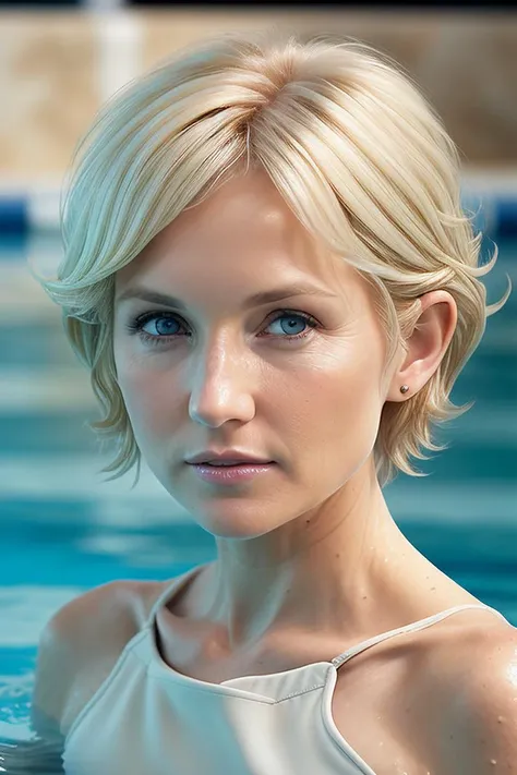 beautiful woman (F10n4Bruc3:.99),  (( Short platinum blonde pixie with choppy layers hairstyle :1.3)) , ((portrait)), (closeup:1.2), ((from the waist up)), ((( swimming pool[::1] :1.2 ))), natural skin texture,  ((  Pencil skirt and top :1.2)), 24mm, 4k textures, soft cinematic light, adobe lightroom, photolab, hdr, intricate, elegant, highly detailed, sharp focus, ((((cinematic look)))), soothing tones, insane details, intricate details, hyperdetailed, low contrast, soft cinematic light, exposure blend, hdr, faded, now, ("I've got a bad feeling about this.":1.1)