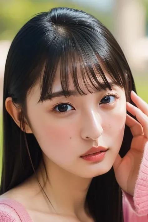 (best quality,masterpiece:1.2),photo realistic,Professional Portrait,(((1girl))),(20 years old girl:0.9),(upper body:1.5),((bangs)),black hair,(pale skin:1.3),(((flat chest))),<lora:last-000009>,ensaku,bangs,(perfect face:1.3),(soft focus:3),(((soft lighting))),perfect lighting,(((simple background))),(((flat background))),(((looking at viewer))),standing,front -face,collarbonea,long sleeves,((((lower the saturation)))),touching own cheek,pink clothes,(((embarrassed))),(((shaded face))),((mahair sweater)),(inquiry face:1.7),from above,