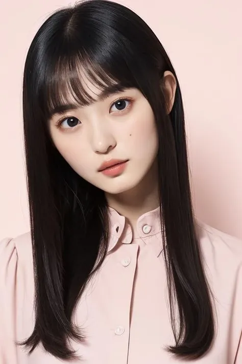 Gentle and charming Chinese beautiful woman, upper body photo, exquisite and sexy collarbone, charming oval face, double eyelids, smart peach blossom eyes, pink lips, small nose, bare shoulders, focused face, face close-up, ultra-high-definition, Super detailed, elegant standing, sweater with loose sleeve design, the upper body is pink and cute, wear the sweater into the umbrella skirt, it will look high-profile and thin