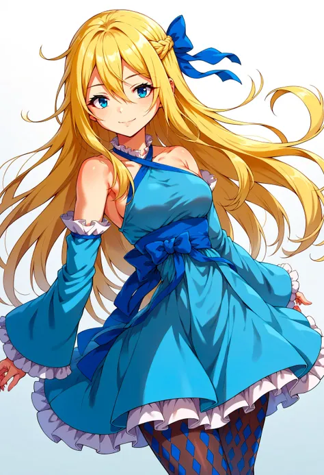 <lora:uran_style_pony6_v1:0.9> urnsty,, score_9, score_8_up, score_7_up, source_anime,, solo, soft smile, light smile,
katya1, 1girl, blue eyes, very long hair, blonde hair, long blonde hair, french braid, bangs, hair between eyes, medium breasts,, hair ribbon, frilled choker, criss-cross halter, sleeveless dress, high-waist skirt, backless dress, blue dress, waist blue bow, detached sleeves, frilled sleeves, wide sleeves, blue sleeves, black pantyhose, patterned legwear, pinstripe pantyhose, mary janes, layered dress,