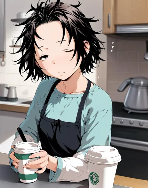 score_9, score_8_up, score_7_up,score_6_up,  1girl, short hair, forehead, messy hair, sleepy, pijama, half-closed eyes, one eye closed, kitchen, coffee cup, 
urnsty <lora:uran_style_pony6_v1-000036:1>