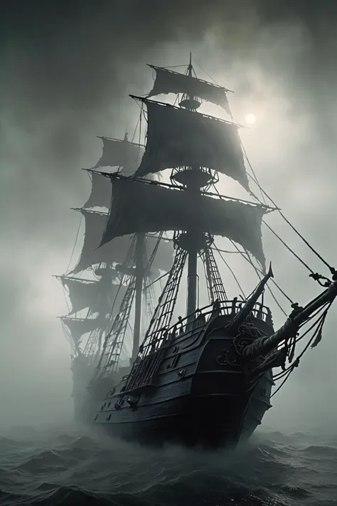 A movie poster,a huge sailboat emerges from the bow of the (thick fog:1.3),the ragged sail is rolled and flailed,the black,dark theme,the movie Pirates of the Caribbean style,the bow has a huge statue of the sea monster,the ship has holes,movie grade color,movie lighting,volume light,Unreal Engine,extreme detail,realistic,extremely realistic,cg,8K,high definition,<lora:d\EnvyHazeSliderXL01:2.5>,haze,