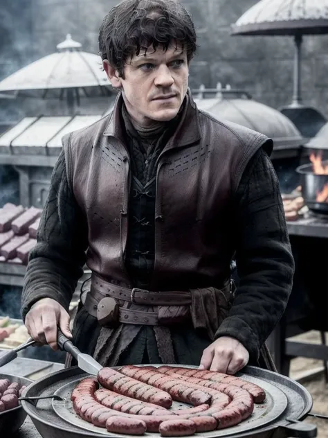 Ramsay768, cooking sausage on barbecue, garden, photography, trending on artstation, sharp focus, studio photo, intricate details, highly detailed, by greg rutkowski <lora:Ramsay768:0.6>