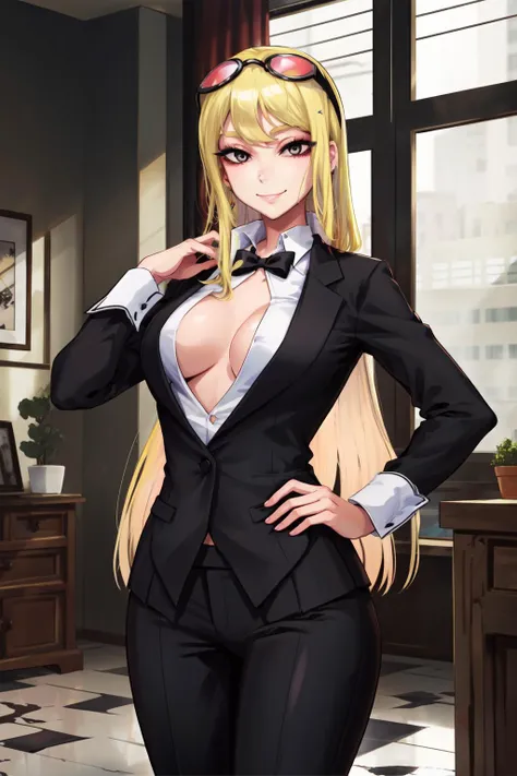 (masterpiece, high resolution, best quality:1.2), 8k, Very detailed, Wheels within wheels, rich and colorful, Vibrant image, Clear focus, Movie) Blonde hair, Long hair, Green Eyes, Bodybuilder (Wearing Black business outfit, Black_Stand collar shirt cropped jacket ,tie,necktie,Black frilled skirt, Garter, leather belt) (Perfectly rounded big breasts,Showing cleavage,Hourglass figure, Thin waist,very Thin waist, Photo-realistic,(Surrealism:1)fair, masterpiece, best quality, Extremely detailed face,Perfect face,fair face, Perfect lighting,Detailed eye makeup, Facial details, Eyes are delicate and exquisite,Beautiful hands, Perfect hands,Glowing eyes (Realistic students,Realistic iris:1) Heavy eye makeup,(empty Casino)(Dynamic Posing)