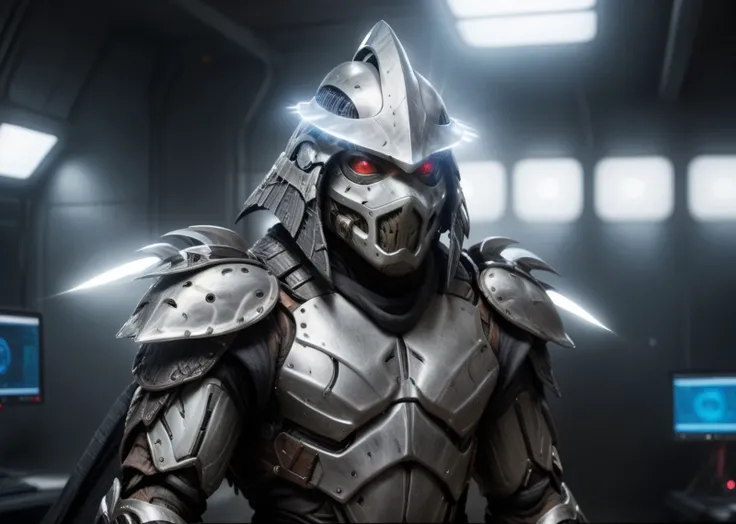 a highres photo of a TMNTShredder 1man armored samurai knight, wearing a futuristic full armor outfit with pauldrons and futuristic metal samurai helmet with mask, in a futuristic research facility, computers, futuristic machines, futuristic lights, muscular build, <lora:90s_TMNT_Shredder_SDXL:0.8> <lora:compb0t:1>