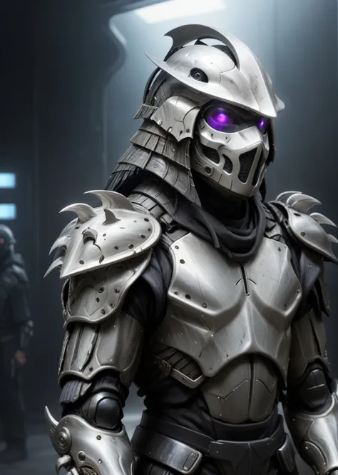 ((full body shot :1.3)) a highres photo of a TMNTShredder 1man armored samurai knight with claw gauntlets, wearing a futuristic full armor outfit with pauldrons and futuristic metal samurai helmet with mask and armored boots, his helmet has a dark visor hiding his eyes, his outfit has some purple, in a futuristic facility filled with computers and futuristic machines, <lora:90s_TMNT_Shredder_SDXL:0.8> <lora:compb0t:1>