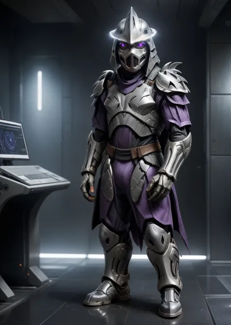 ((full body shot :1.3)), a highres photo of a TMNTShredder 1man armored samurai knight, wearing a futuristic full armor purple outfit with pauldrons and futuristic metal samurai helmet with mask and armored boots, his helmet has a dark visor hiding his eyes, standing on futuristic metal floors in a futuristic facility filled with computers and futuristic machines, <lora:90s_TMNT_Shredder_SDXL:0.75> <lora:compb0t:1>
