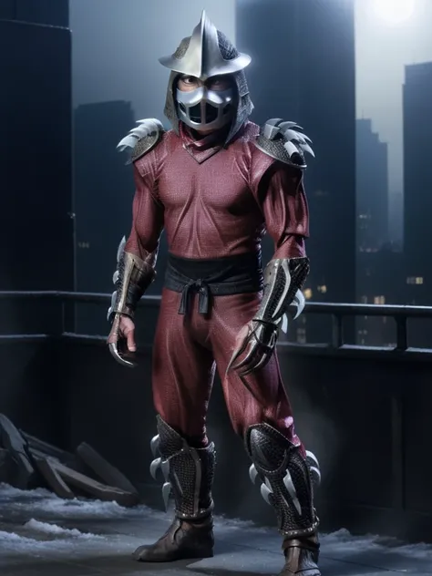 TMNTShredder 1man armored samurai knight with claw gauntlets, wearing a red-purple outfit with pauldrons and metal samurai helmet with mask and armored boots, standing on a city rooftop at night, skyscrapers and rooftops and city lights and night sky in the background, muscular, fitness physique, <lora:90s_TMNT_Shredder_SDXL:1>