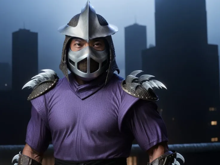 TMNTShredder 1man armored samurai knight with claw gauntlets, wearing a purple outfit with pauldrons and metal samurai helmet with mask and armored boots, standing on a city rooftop at night, skyscrapers and rooftops and city lights and night sky in the background, photorealistic, cinematic, full body shot, muscular, fitness physique, <lora:90s_TMNT_Shredder_SDXL:1>