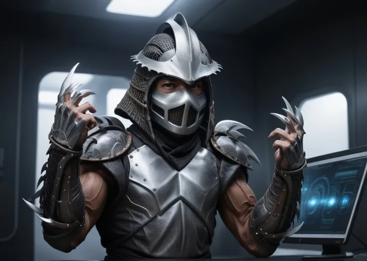 a highres photo of a TMNTShredder 1man armored samurai knight with claw gauntlets, wearing a futuristic full armor outfit with pauldrons and metal samurai helmet with mask, in a futuristic research facility, computers, futuristic machines, futuristic lights, muscular, <lora:90s_TMNT_Shredder_SDXL:0.9>