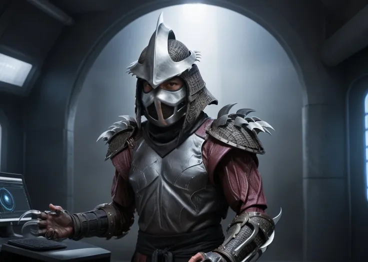 a highres photo of a TMNTShredder 1man armored samurai knight with claw gauntlets, wearing a futuristic full armor outfit with pauldrons and metal samurai helmet with mask, in a futuristic research facility, computers, futuristic machines, futuristic lights, muscular, <lora:90s_TMNT_Shredder_SDXL:1>