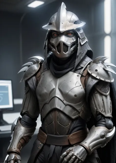 a highres photo of a TMNTShredder 1man armored samurai knight, wearing a futuristic full armor outfit with pauldrons and futuristic metal samurai helmet with mask and armored boots, in a futuristic research facility, computers, futuristic machines, muscular build, <lora:90s_TMNT_Shredder_SDXL:0.8> <lora:compb0t:1>