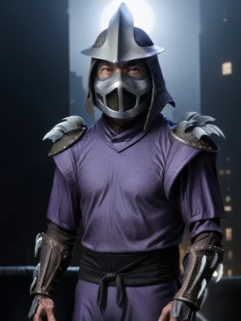 TMNTShredder 1man armored samurai knight with claw gauntlets, wearing a purple outfit with pauldrons and metal samurai helmet with mask, standing on a city rooftop at night, skyscrapers and rooftops and city lights and night sky in the background, photorealistic, cinematic, full body shot, <lora:90s_TMNT_Shredder_SDXL:1>