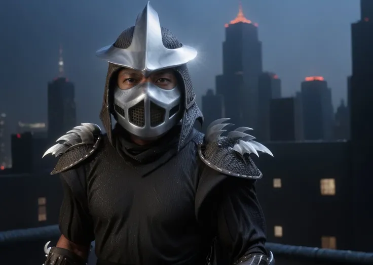 a highres photo of a TMNTShredder 1man armored samurai knight with claw gauntlets, wearing a black outfit with pauldrons and metal samurai helmet with mask, on a city rooftop at night, skyscrapers and rooftops and city lights and night sky in the background, muscular, <lora:90s_TMNT_Shredder_SDXL:1>