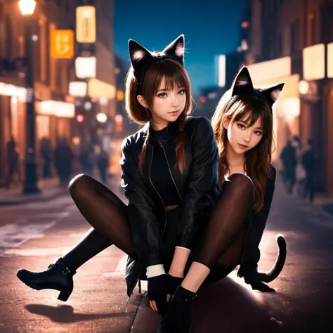 1girl,cute,cityscape,night,full body black tights,close hands,
clench,cat ears,
professional lighting,photon mapping,radiosity,physically-based rendering,