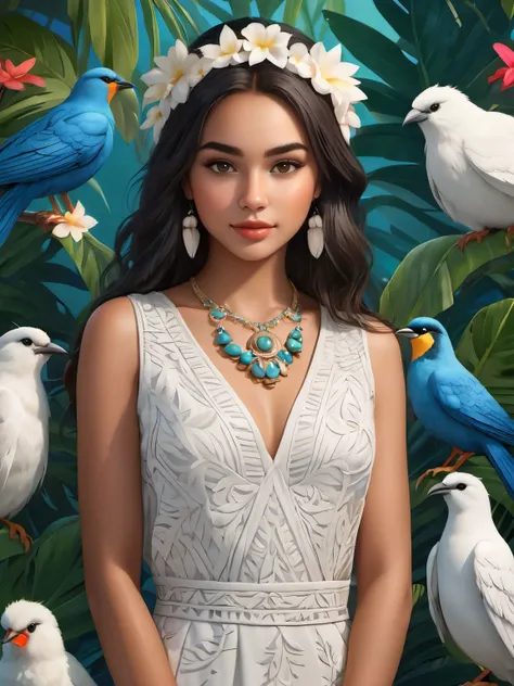 photo of beautiful age 18 polynesian russian girl, sexy, 8k, natural skin, textured skin, <lora:DetailedEyes_xl_V2:0.7>, happy, full body shot, fluffy birds